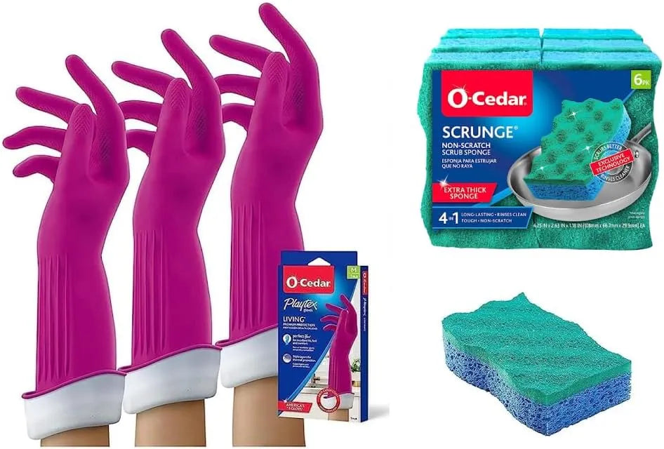O-Cedar Multi-Use Scrunge Scrub Sponge (6 CT) with Playtex Living Reuseable Rubber Cleaning Gloves (Medium, 3 Pairs) Main image