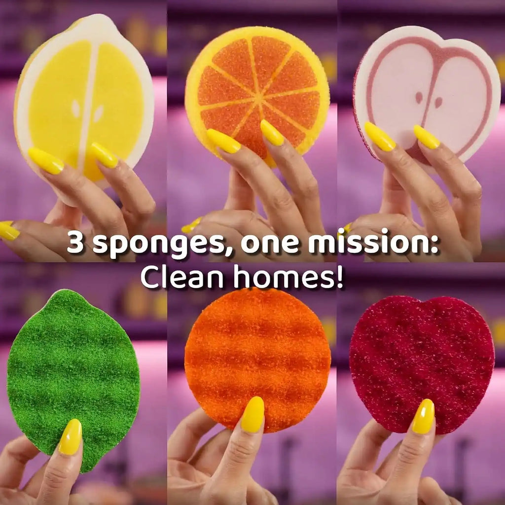 O-Cedar Punch Fruit-Shaped Scrub Sponge Variety Pack, 6 Count | Flexible, Multi-Use & Heavy Duty Fruit-Shaped Scrub sponges | Reaches, adapts & Powers Through Messes