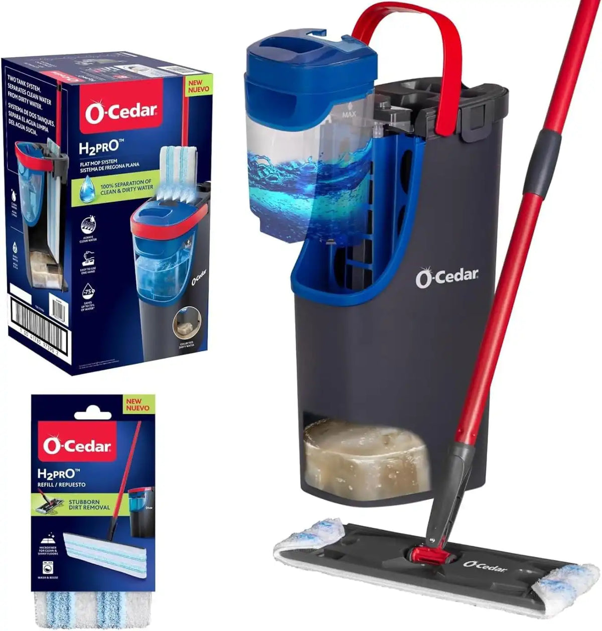 O-Cedar H2prO Flat Mop System with 1 Mop Head Refill | Quick Cleaning Tool | Clean with Clean Water | Machine Washable Reusable Microfiber Mop Pad | Safe on Wood Floors, Vinyl, Tile, Baseboards, Walls Main image