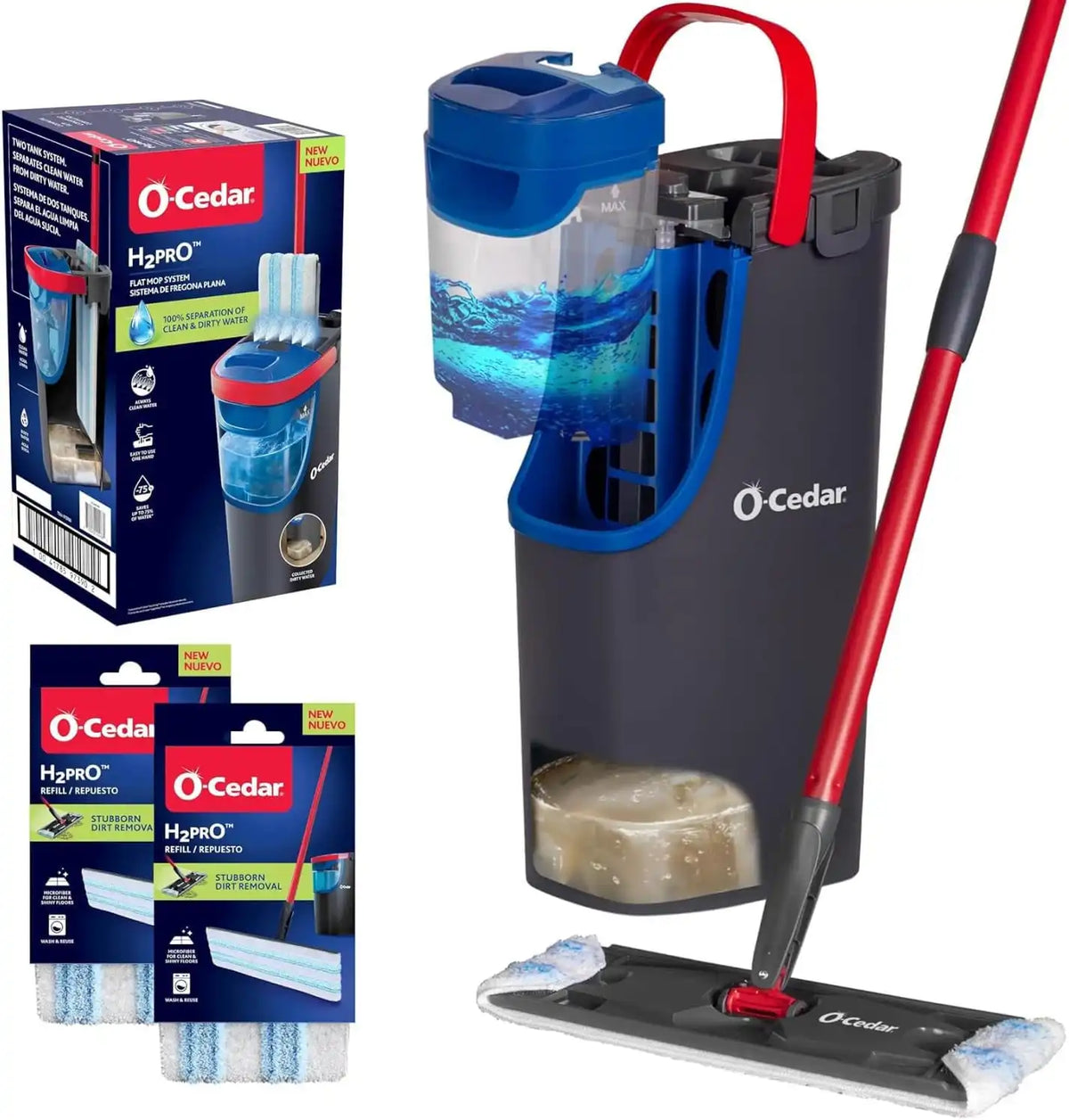 O-Cedar H2prO Flat Mop System with 2 Mop Head Refills | Quick Cleaning Tool | Clean with Clean Water | Machine Washable Reusable Microfiber Mop Pad | Safe on Wood Floors, Vinyl,Tile, Baseboards, Walls Main image