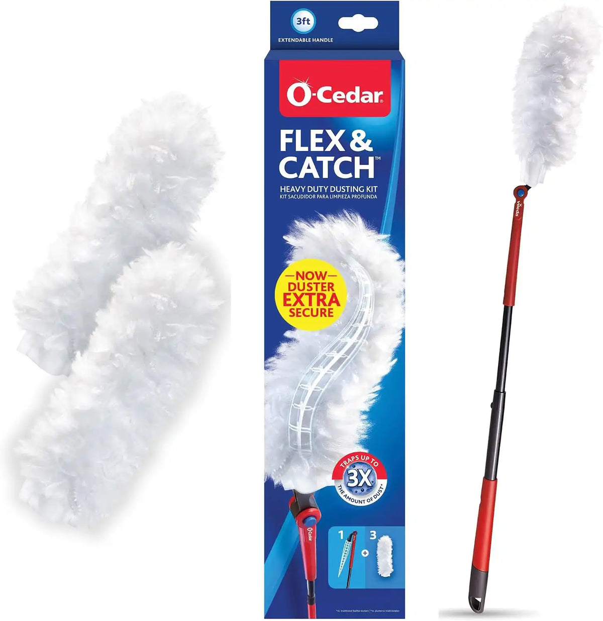 O-Cedar Flex & Catch Heavy Duty Dusting Kit with 3 Disposable Duster Refills | New & Improved Model | Extendable 3 Ft Handle with Stay-On Duster Hook | Traps 3X More Dust Than Feather Dusters Main image