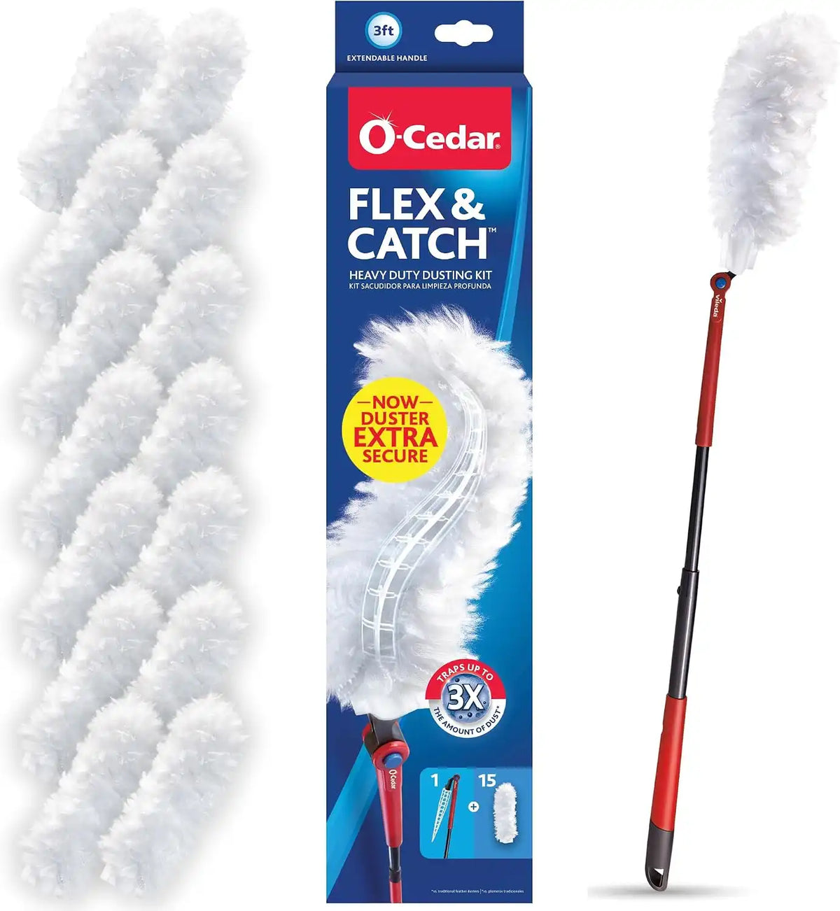 O-Cedar Flex & Catch Heavy Duty Dusting Kit with 15 Disposable Duster Refills | New & Improved Model | Extendable 3 Ft Handle with Stay-On Duster Hook | Traps 3X More Dust Than Feather Dusters Main image
