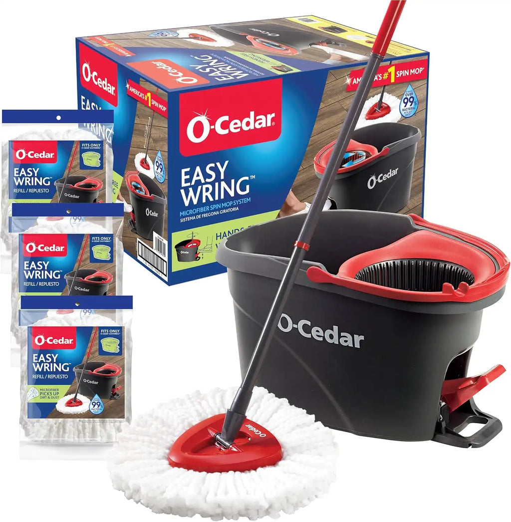 O-Cedar EasyWring Microfiber Spin Mop & Bucket Floor Cleaning System + 3 Extra Refill | Includes 3 Extra Washable Mop Heads