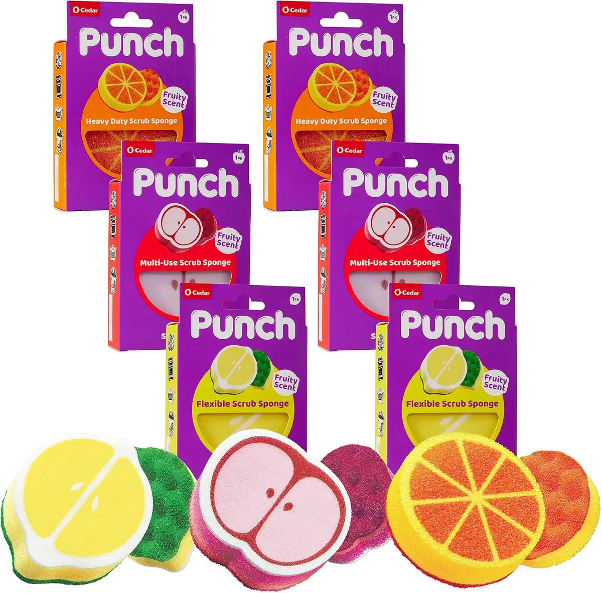 O-Cedar Punch Fruit-Shaped Scrub Sponge Variety Pack, 6 Count | Flexible, Multi-Use & Heavy Duty Fruit-Shaped Scrub sponges | Reaches, adapts & Powers Through Messes Main image