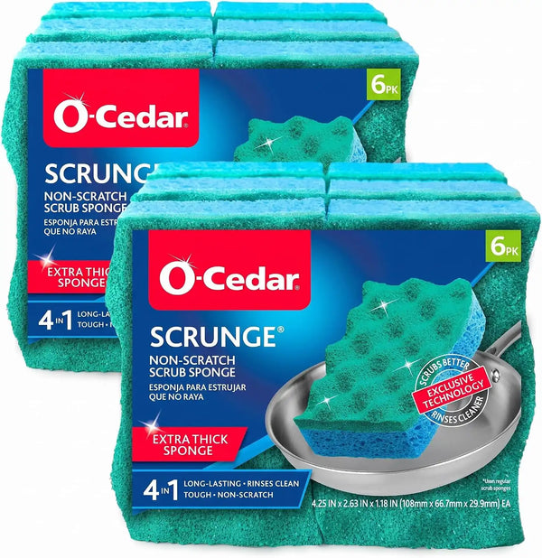 O-Cedar Scrunge Non-Scratch Scrub Sponge Multi-Use,All-Purpose,Odor-Resistant,Scrubbing Sponge Safely Cleans All Hard Surfaces in Kitchen and Bathroom,6 Count (Pack of 2)