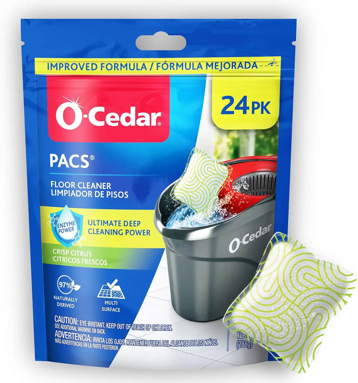O-Cedar PACS Hard Floor Cleaner, Crisp Citrus Scent | Made with Naturally-Derived Ingredients | Safe to Use on All Hard Floors | Perfect for Mop Buckets, 24 Count (Pack of 6)