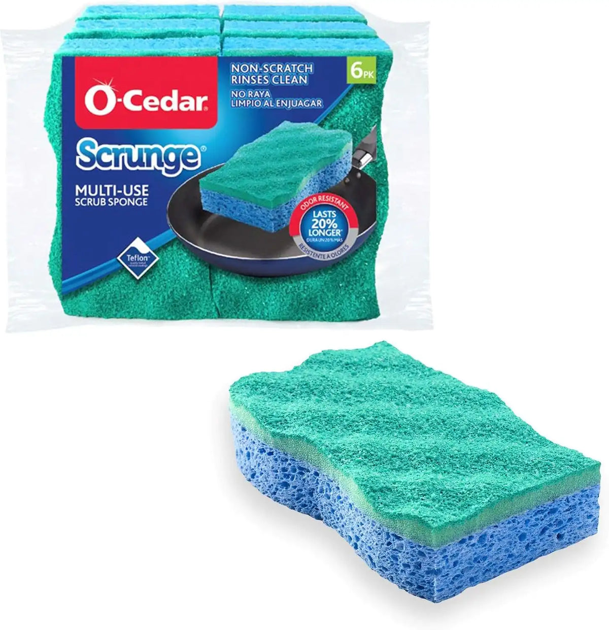 O-Cedar Scrunge Multi-Use (Pack of 6) Non-Scratch, Odor-Resistant All-Purpose Scrubbing Sponge & Pet Pro Broom & Step-On Dustpan PowerCorner, Red Main image