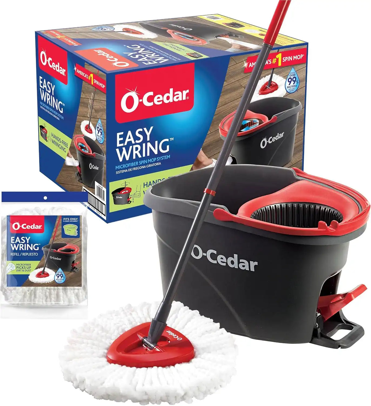 O-Cedar Easywring Microfiber Spin Mop & Bucket Floor Cleaning System with 1 Extra Refill,Red / Gray Main image