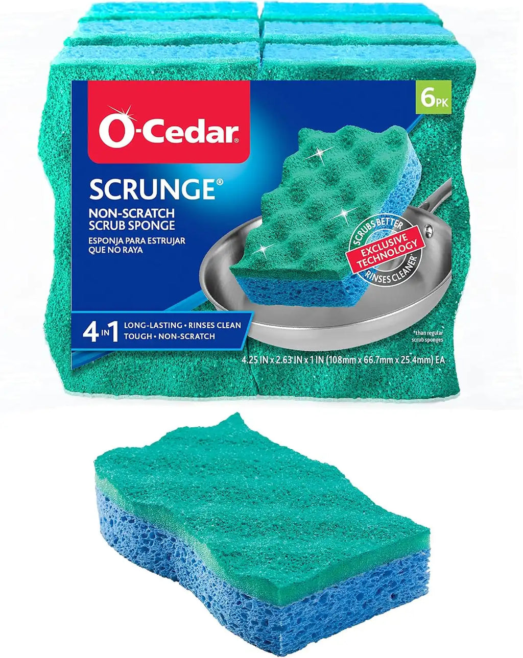 O-Cedar Scrunge Non-Scratch Scrub Sponge (Pack of 6) | Rinse-Clean Surface | Safe for Nonstick Cookware, Glass & All Hard Surfaces