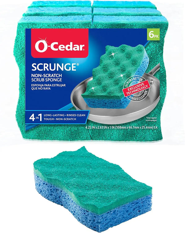 O-Cedar Scrunge Non-Scratch Scrub Sponge (Pack of 6) | Rinse-Clean Surface | Safe for Nonstick Cookware, Glass & All Hard Surfaces