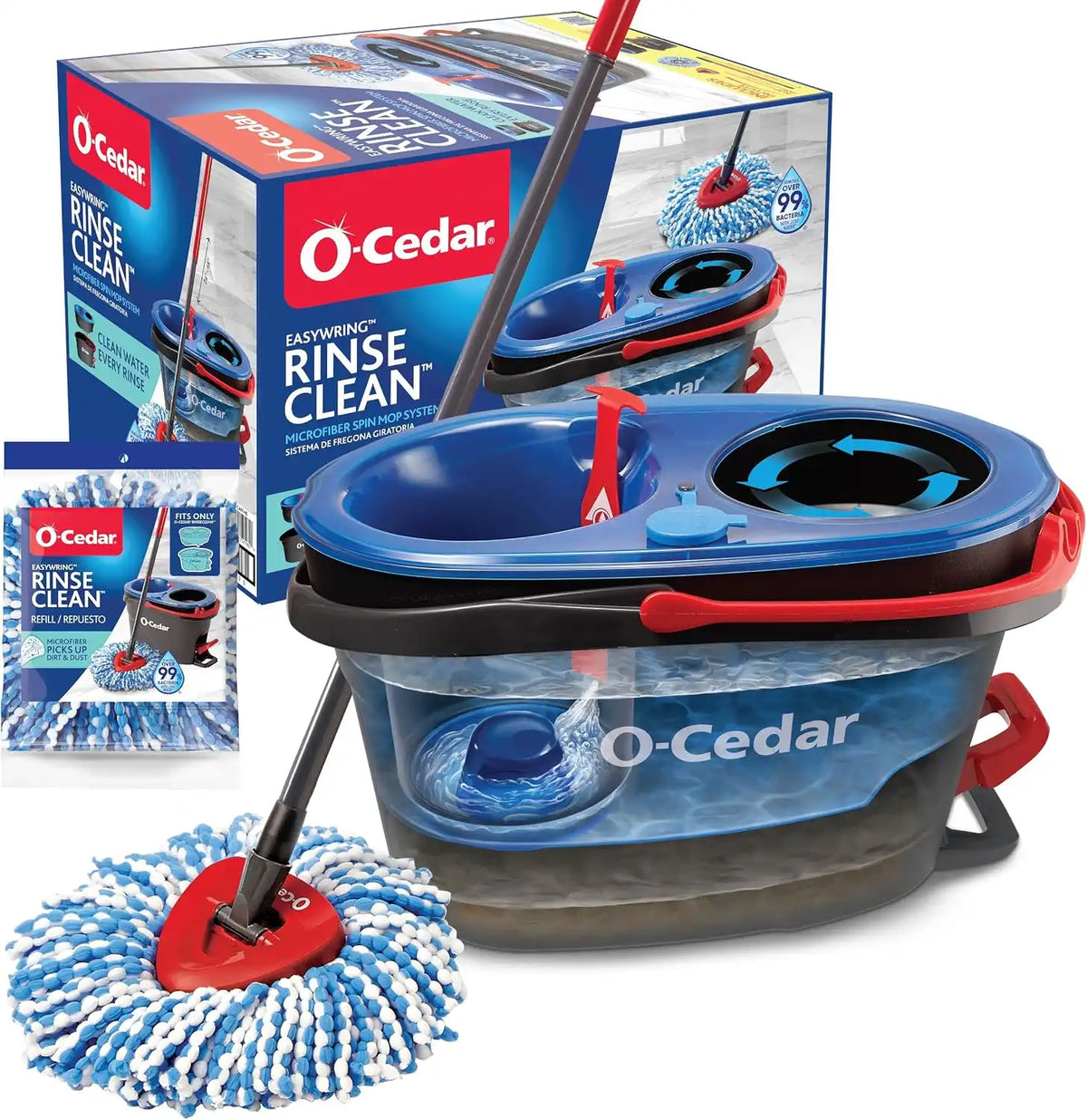 O-Cedar RinseClean Spin Mop & Bucket System + 1 Extra Mop Head | Clean with Clean Water | Removes 99% of Bacteria Main image