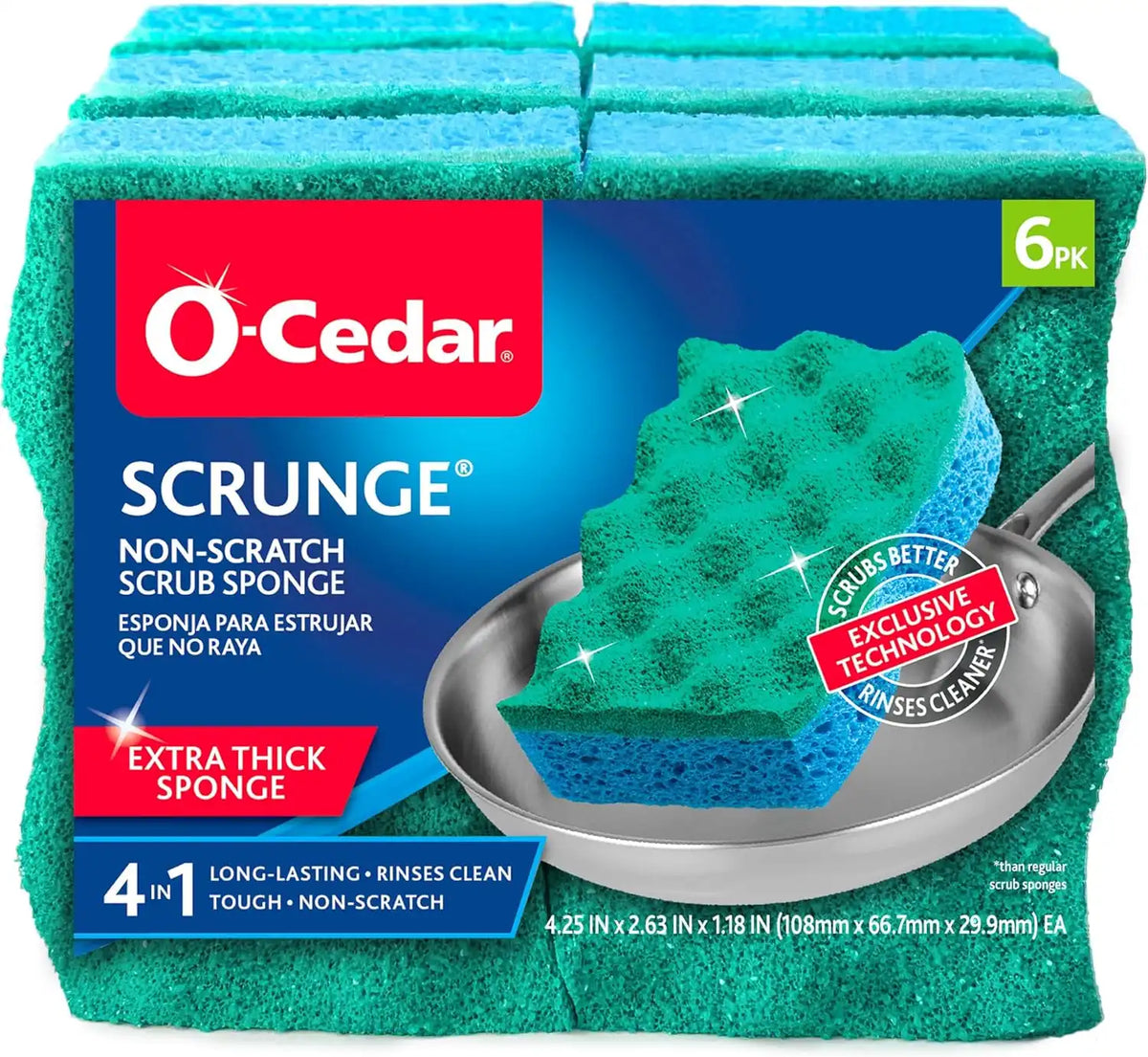O-Cedar Scrunge Non-Scratch Scrub Sponge (Pack of 6) | Rinse-Clean Surface | Safe for Nonstick Cookware, Glass & All Hard Surfaces Main image