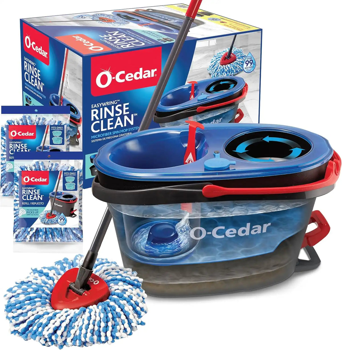 O-Cedar RinseClean Clean Water Spin Mop and Bucket System + 2 Extra Mop Heads | Clean with Clean Water | Removes 99% of Bacteria Main image