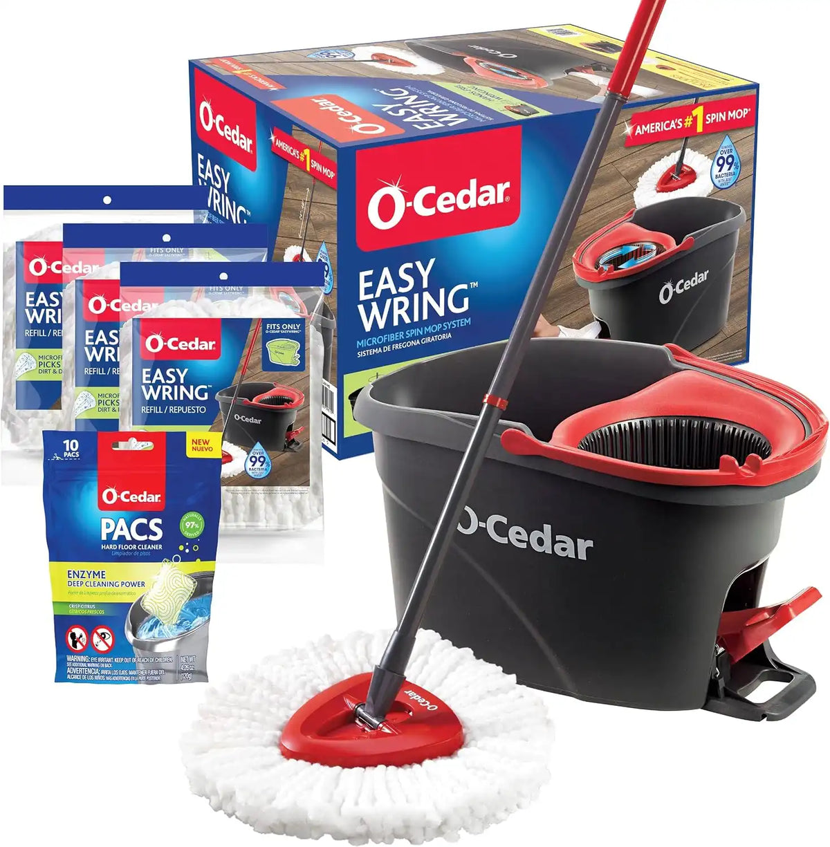 O-Cedar System Easy Wring Spin Mop & Bucket with 3 Extra Refills with Citrus Pac (Variety Pack) Main image